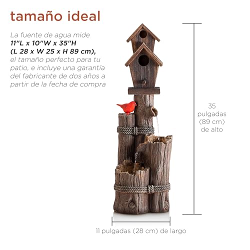 Alpine 3-Tier Log Birdhouse Waterfall Fountain, 35", Brown