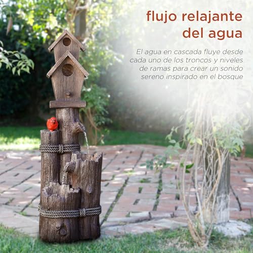 Alpine 3-Tier Log Birdhouse Waterfall Fountain, 35", Brown