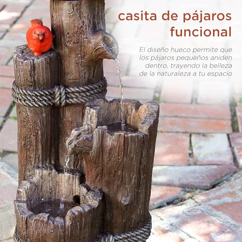 Alpine 3-Tier Log Birdhouse Waterfall Fountain, 35", Brown