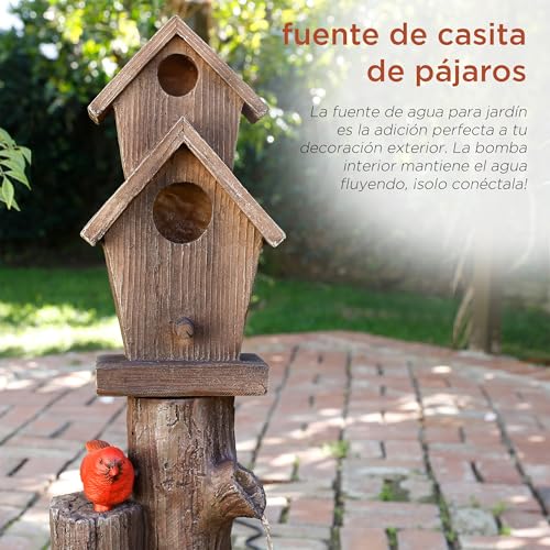 Alpine 3-Tier Log Birdhouse Waterfall Fountain, 35", Brown