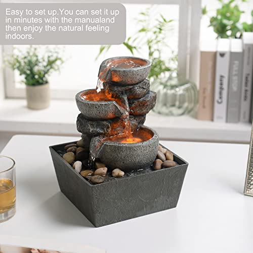 3-Bowl Rockery Tabletop Fountain with LED Light/ Cobblestones