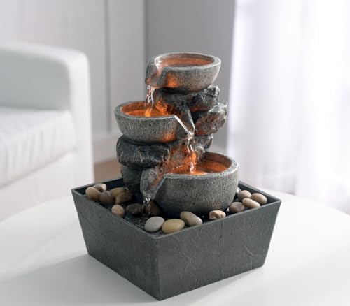 3-Bowl Rockery Tabletop Fountain with LED Light/ Cobblestones
