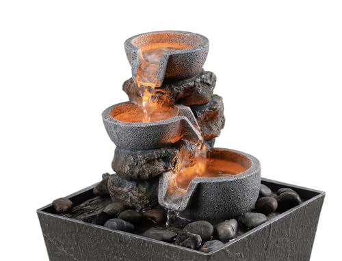 3-Bowl Rockery Tabletop Fountain with LED Light/ Cobblestones