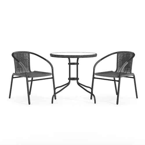 Round Glass Table & 2 Stackable Rattan Chairs