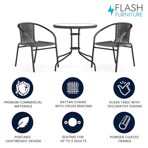 Round Glass Table & 2 Stackable Rattan Chairs