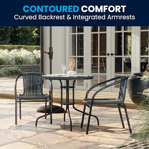 Round Glass Table & 2 Stackable Rattan Chairs