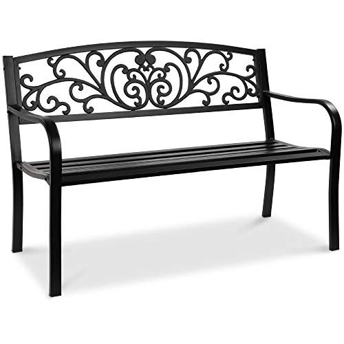 Garden Bench with Floral Design Backrest and Slatted Seat