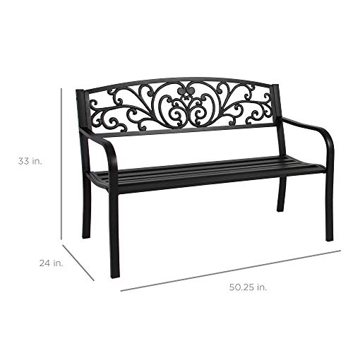 Garden Bench with Floral Design Backrest and Slatted Seat