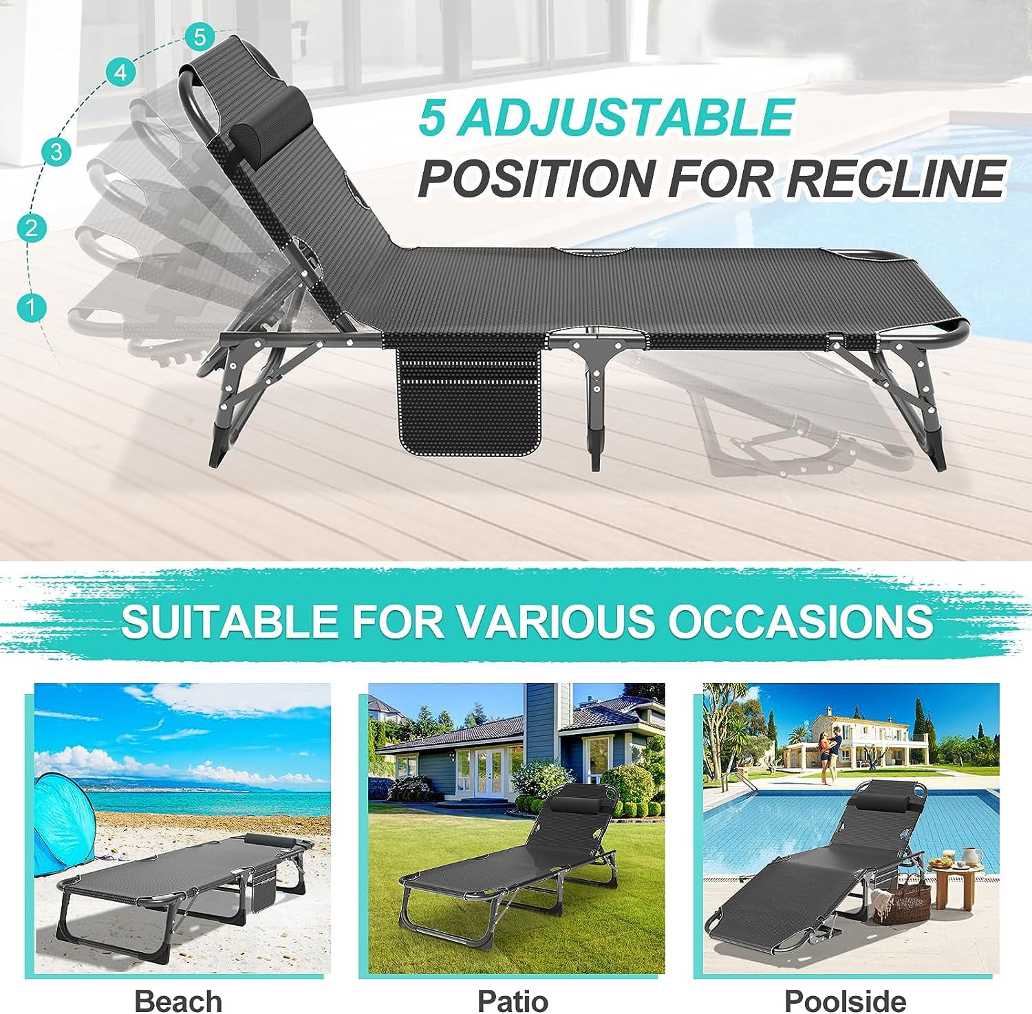 Adjustable Folding Lounge Chair for Pool, Patio, Beach