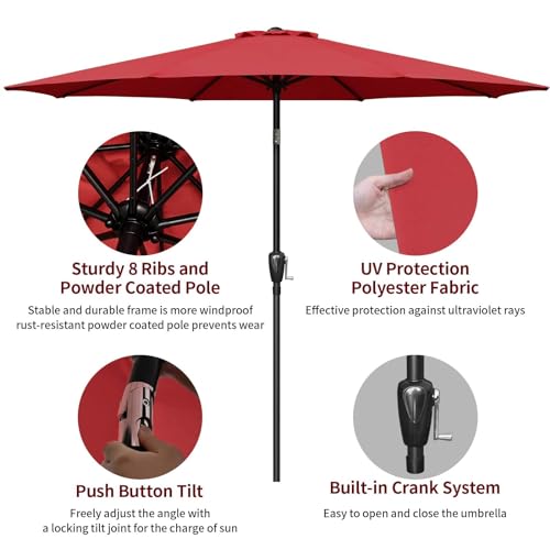 9' Red Patio Umbrella with Tilt/Crank for Garden