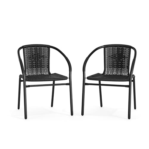 2 Pack Black Rattan Stack Chairs for Restaurants