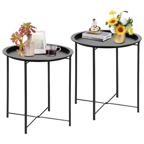 VECELO Round Metal Side Table Set, Black