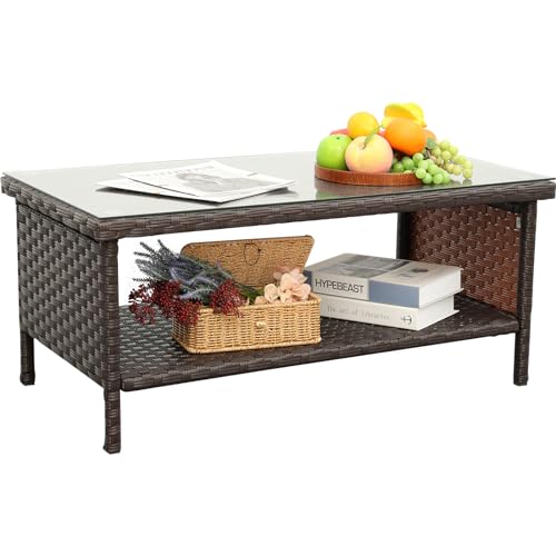 Brown Wicker Coffee Table with Glass Top and Storage