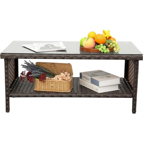 Brown Wicker Coffee Table with Glass Top and Storage
