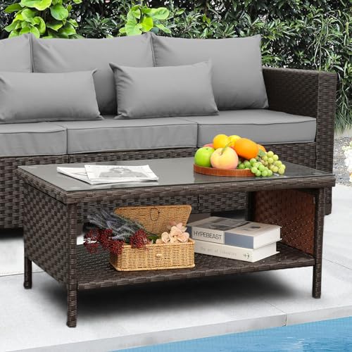 Brown Wicker Coffee Table with Glass Top and Storage