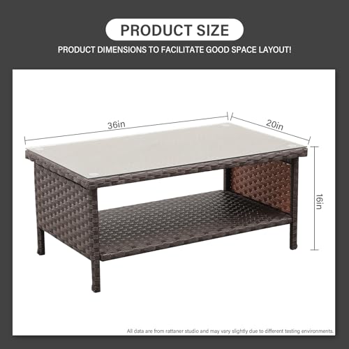 Brown Wicker Coffee Table with Glass Top and Storage