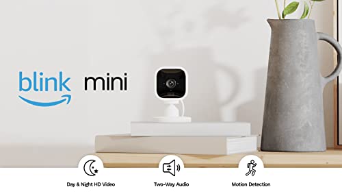 Blink Mini – Compact indoor plug-in smart security camera, 1080p HD video, night vision, motion detection, two-way audio, easy set up, Works with Alexa – 1 camera (White)
