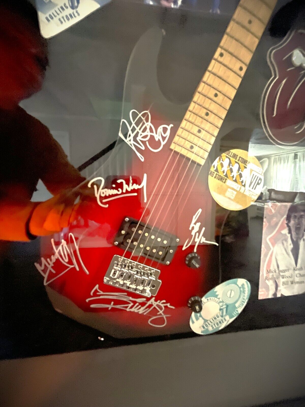 Rolling Stones Autographed Guitar Set with Original Backstage Passes