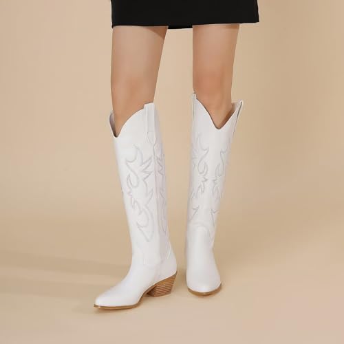 Women's Vintage White Embroidered Knee High Cowboy Boots