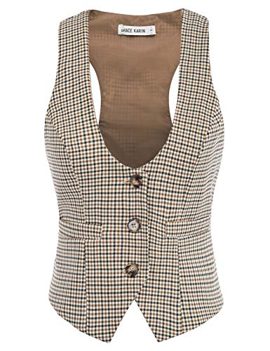 GRACE KARIN Brown Plaid Sleeveless Dressy Jacket