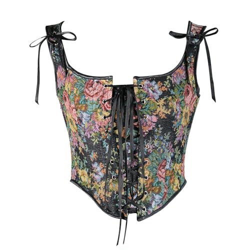 Black Floral Retro Camisole with Drawstring Tie-Up (X-Large)