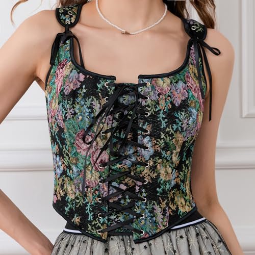 Black Floral Retro Camisole with Drawstring Tie-Up (X-Large)