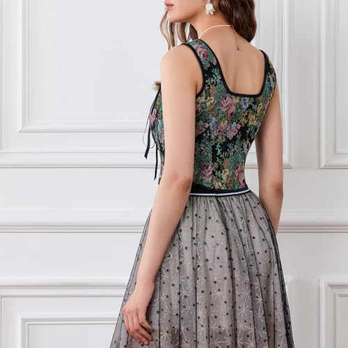 Black Floral Retro Camisole with Drawstring Tie-Up (X-Large)