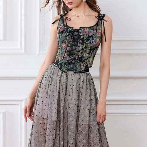 Black Floral Retro Camisole with Drawstring Tie-Up (X-Large)