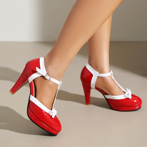 Retro Red Patent Leather T-Strap High Heels