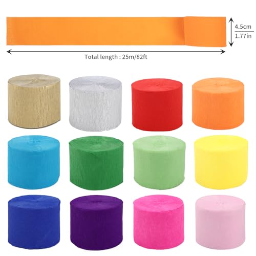 12 Rolls Crepe Paper Streamers, 12 Colors for Parties