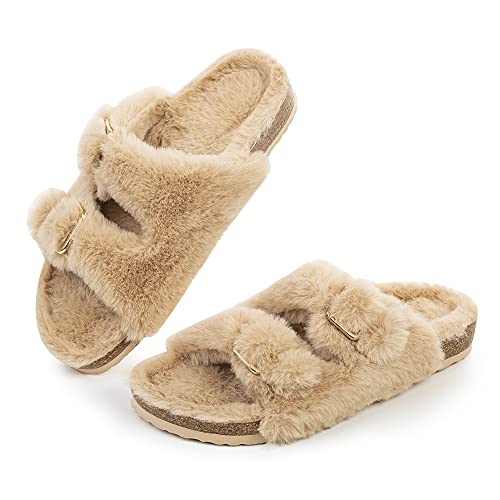 FITORY Women's Cozy Open Toe Slippers, Faux Fur Sandals