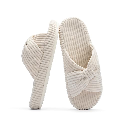 Beige Memory Foam Bow Slippers - Size 6.5-8