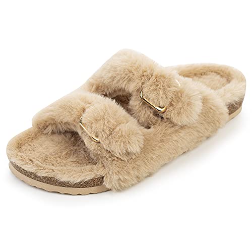 FITORY Women's Cozy Open Toe Slippers, Faux Fur Sandals