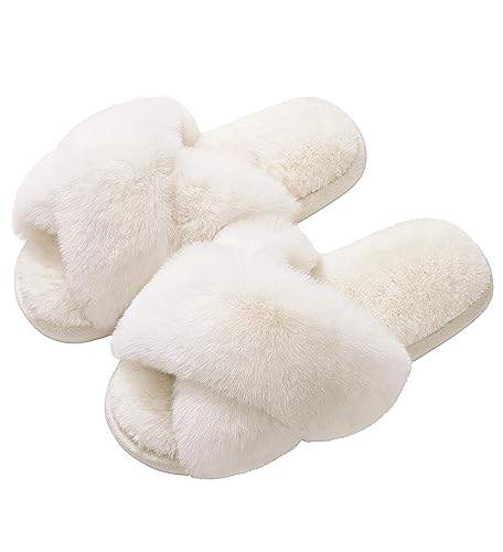 Evshine Women's White Fuzzy Cross Band Slippers