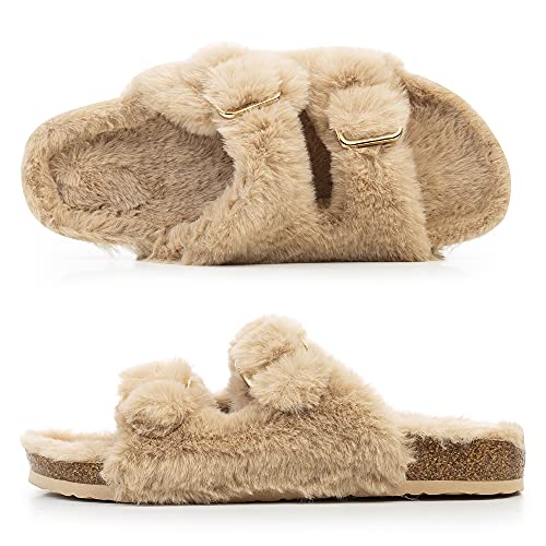 FITORY Women's Cozy Open Toe Slippers, Faux Fur Sandals