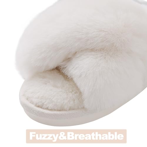 Evshine Women's White Fuzzy Cross Band Slippers