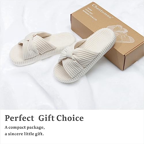 Beige Memory Foam Bow Slippers - Size 6.5-8