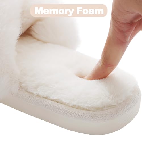 Evshine Women's White Fuzzy Cross Band Slippers