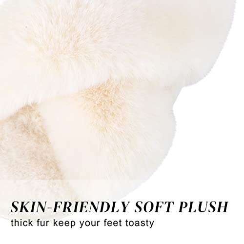 Parlovable Women's Fuzzy Cross Band Slippers, Off-White