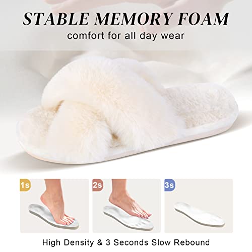 Parlovable Women's Fuzzy Cross Band Slippers, Off-White