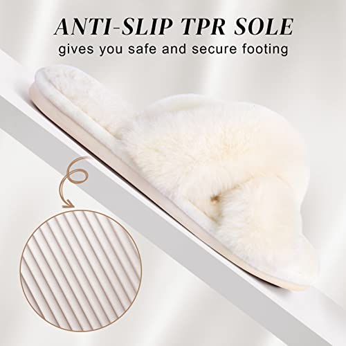 Parlovable Women's Fuzzy Cross Band Slippers, Off-White