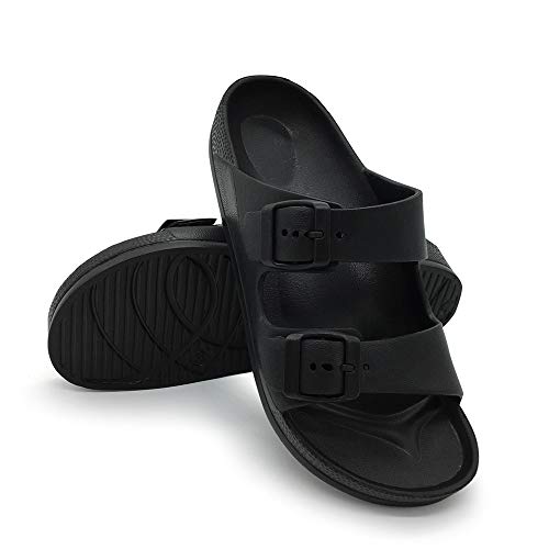 FUNKYMONKEY Women's Double Buckle Comfort Flat Sandals Black