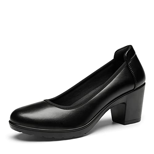 Black closed toe low block heel work pumps