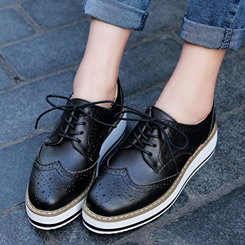 DADAWEN Women's Black Platform Wingtip Oxfords - Size 9.5