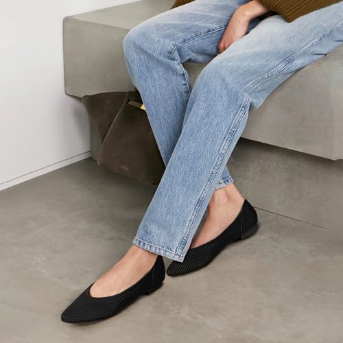 TINGRISE Women's Knit Pointed Toe Flats Black US8.5