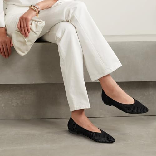 TINGRISE Women's Knit Pointed Toe Flats Black US8.5