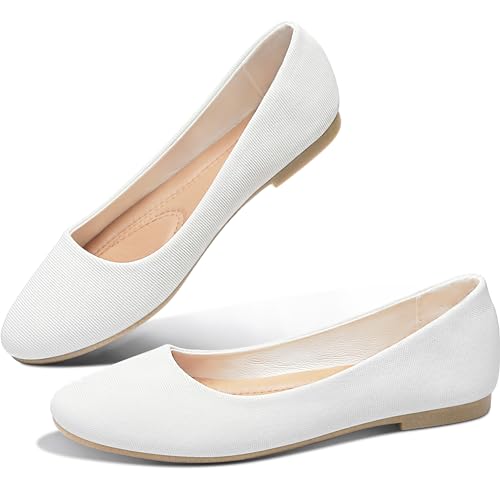 White Textile Round Toe Ballet Flats for Women