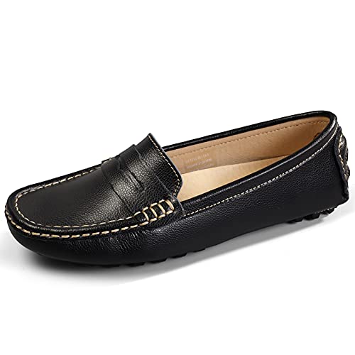 Artisure Women's Black Leather Penny Loafers Driving Moccasins