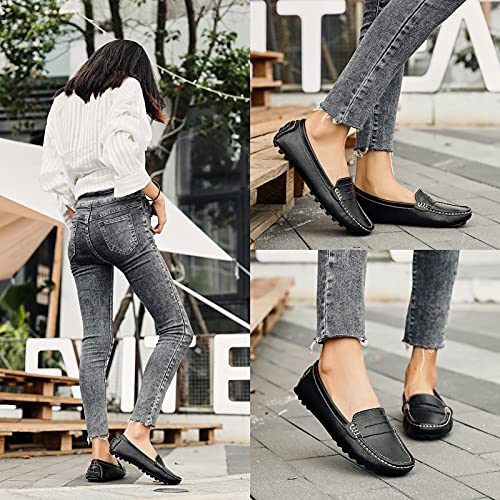 Artisure Women's Black Leather Penny Loafers Driving Moccasins