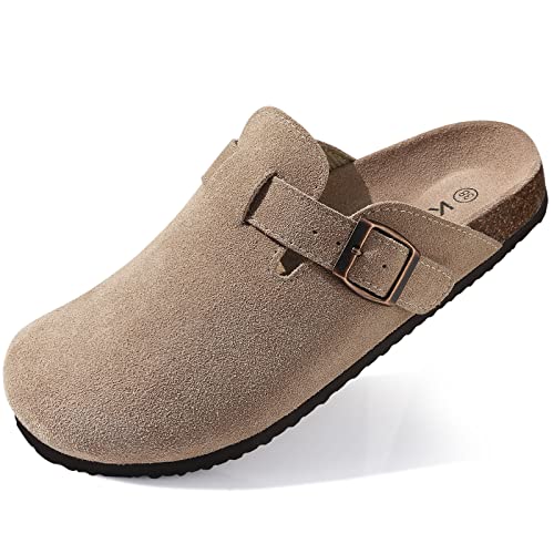 KIDMI Women's Suede Cork Footbed Mules Sandals Taupe